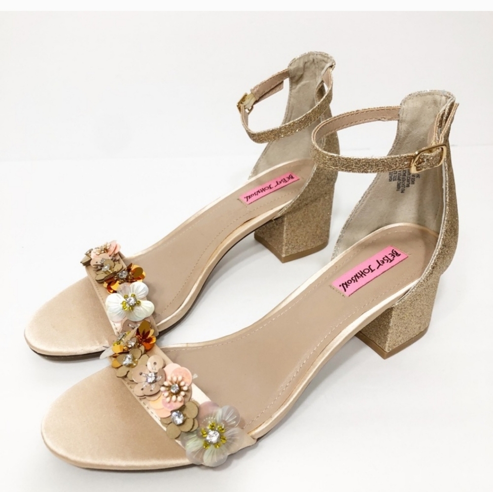 BETSEY JOHNSON ADALEE Gold Glitter Sequin Flower Strap Block Heels